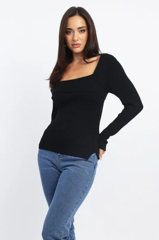 Black One Shoulder Knit Top Long Sleeve sold by Ally Fashion
