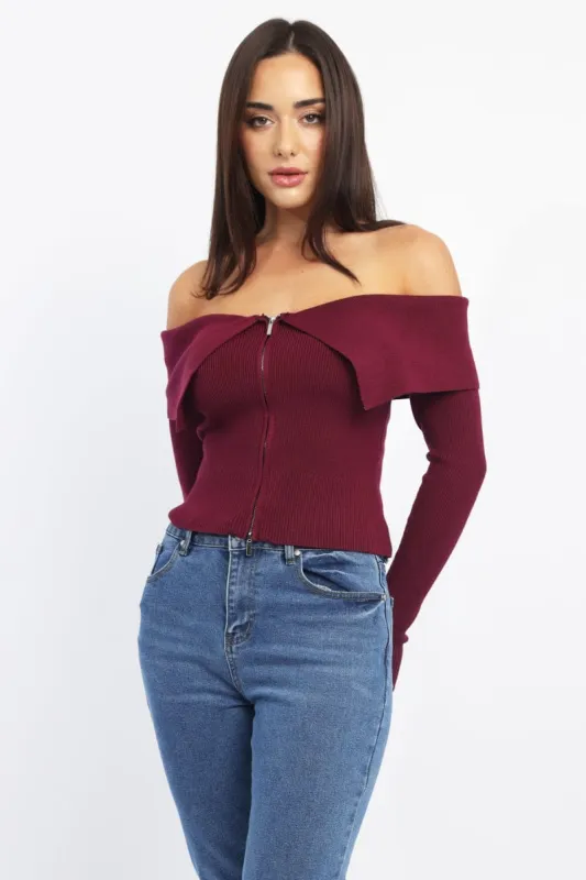 Red Cardigan Off Shoulder Zip Up sold by Ally Fashion