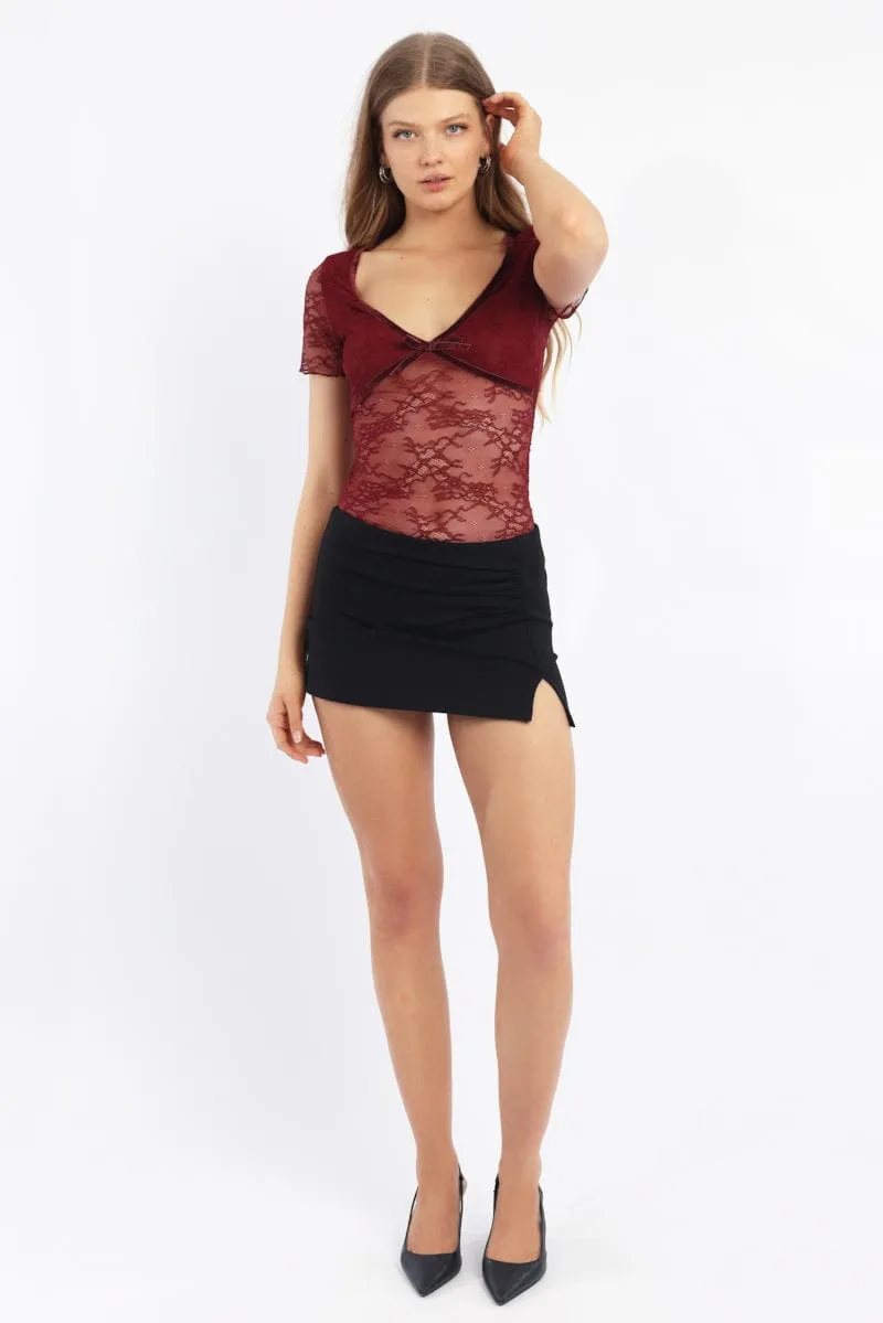 Red V-neck Top Short Sleeve Lace sold by Ally Fashion product image thumbnail 2
