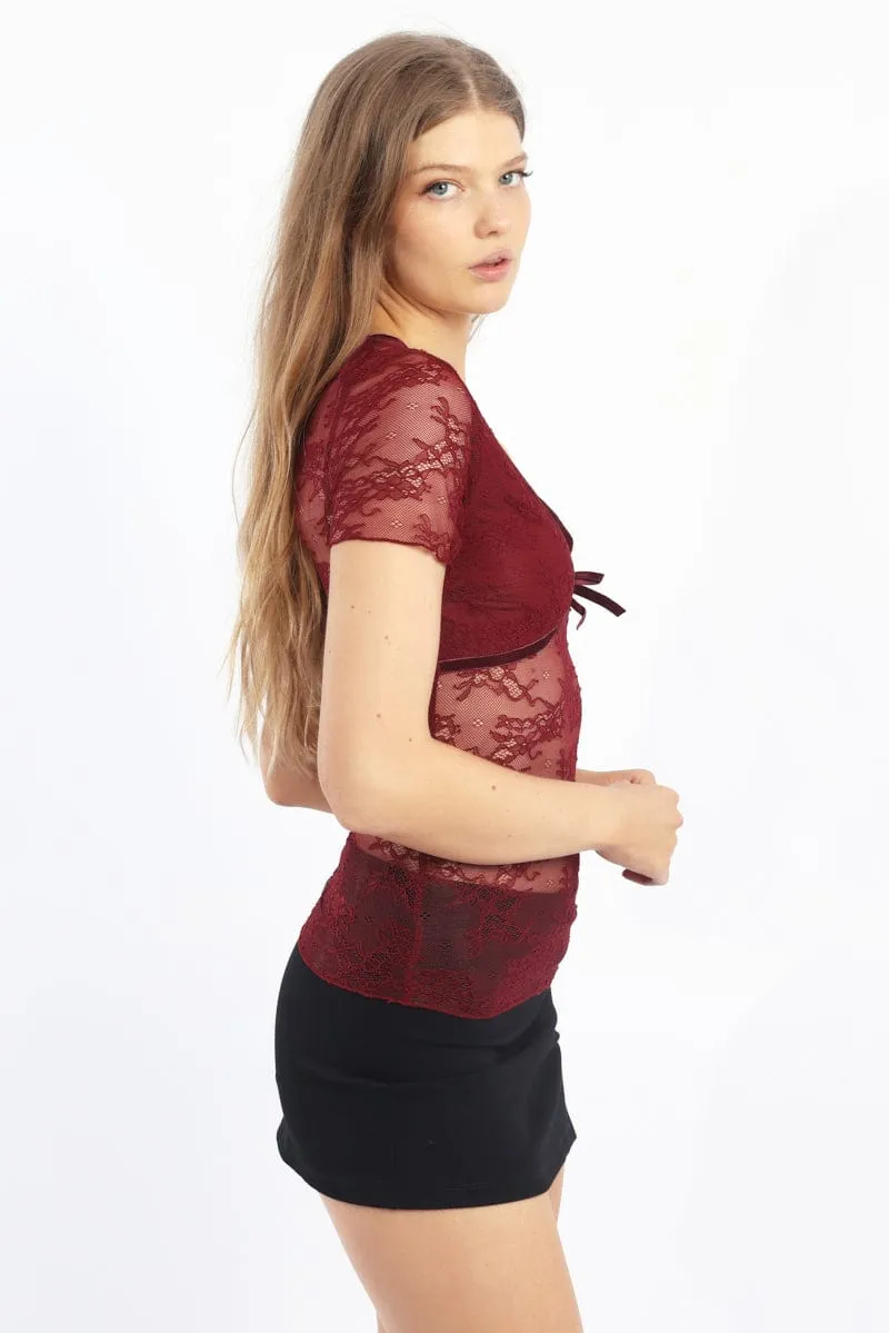 Red V-neck Top Short Sleeve Lace sold by Ally Fashion product image thumbnail 3