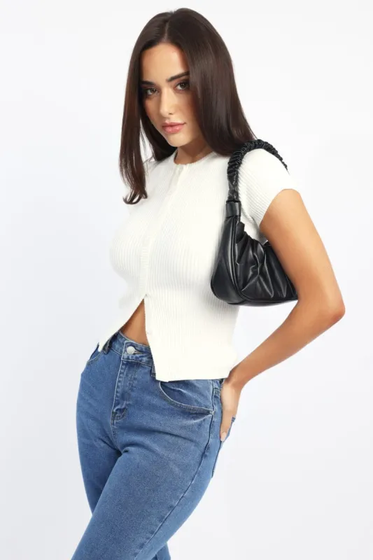 White Knit Top Short Sleeve Ribbed sold by Ally Fashion