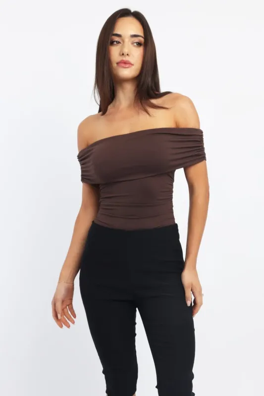 Brown Off Shoulder Bodysuit Supersoft sold by Ally Fashion