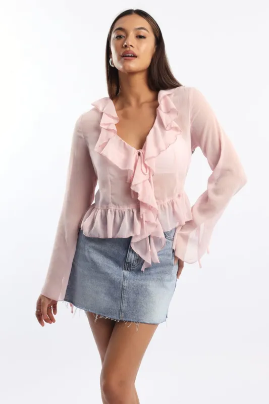 Pink Tie Up Top Long Sleeve V Neck Frilled Romantic sold by Ally Fashion