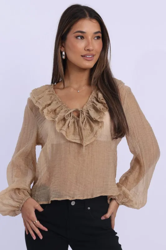Beige Poet's Top V Neck Long Sleeve Frilled sold by Ally Fashion