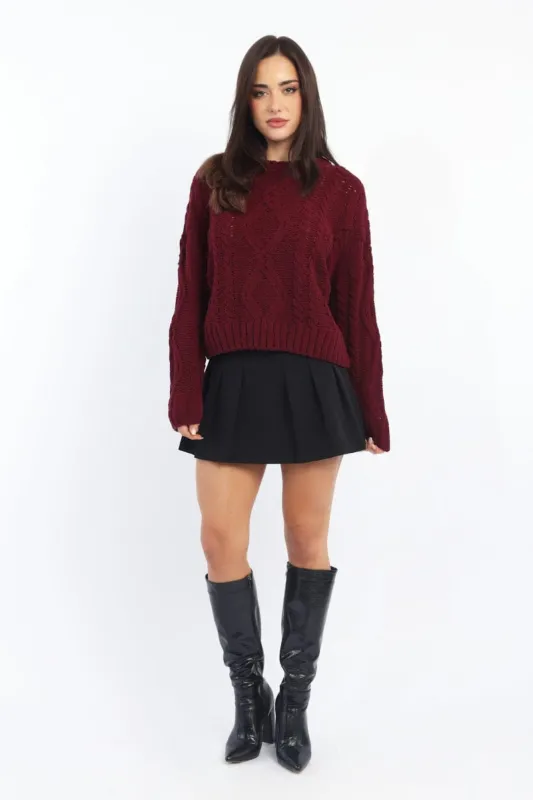 Red Cable Knit Long Sleeve Crew Neck sold by Ally Fashion