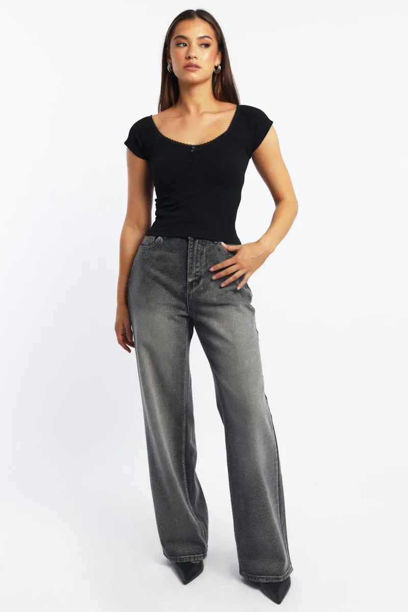 Black Seamless Top Short Sleeve Picot Trim Rib sold by Ally Fashion product image thumbnail 2