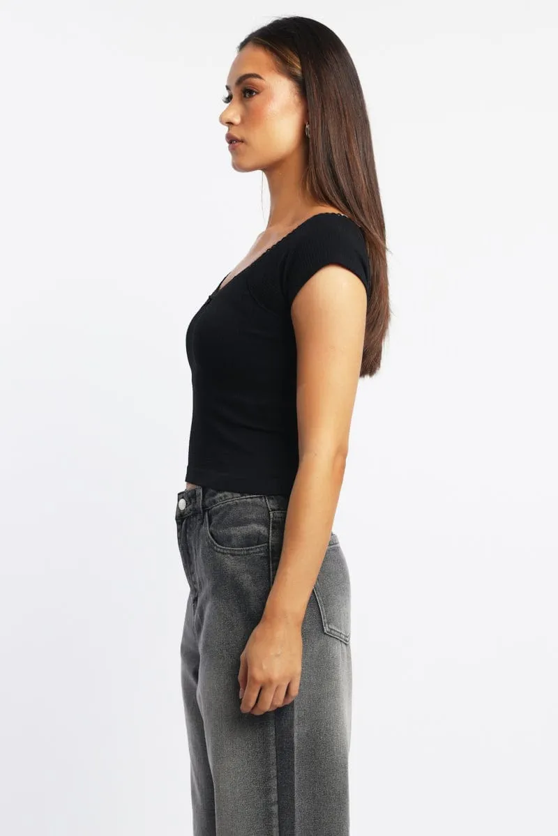 Black Seamless Top Short Sleeve Picot Trim Rib sold by Ally Fashion product image thumbnail 3