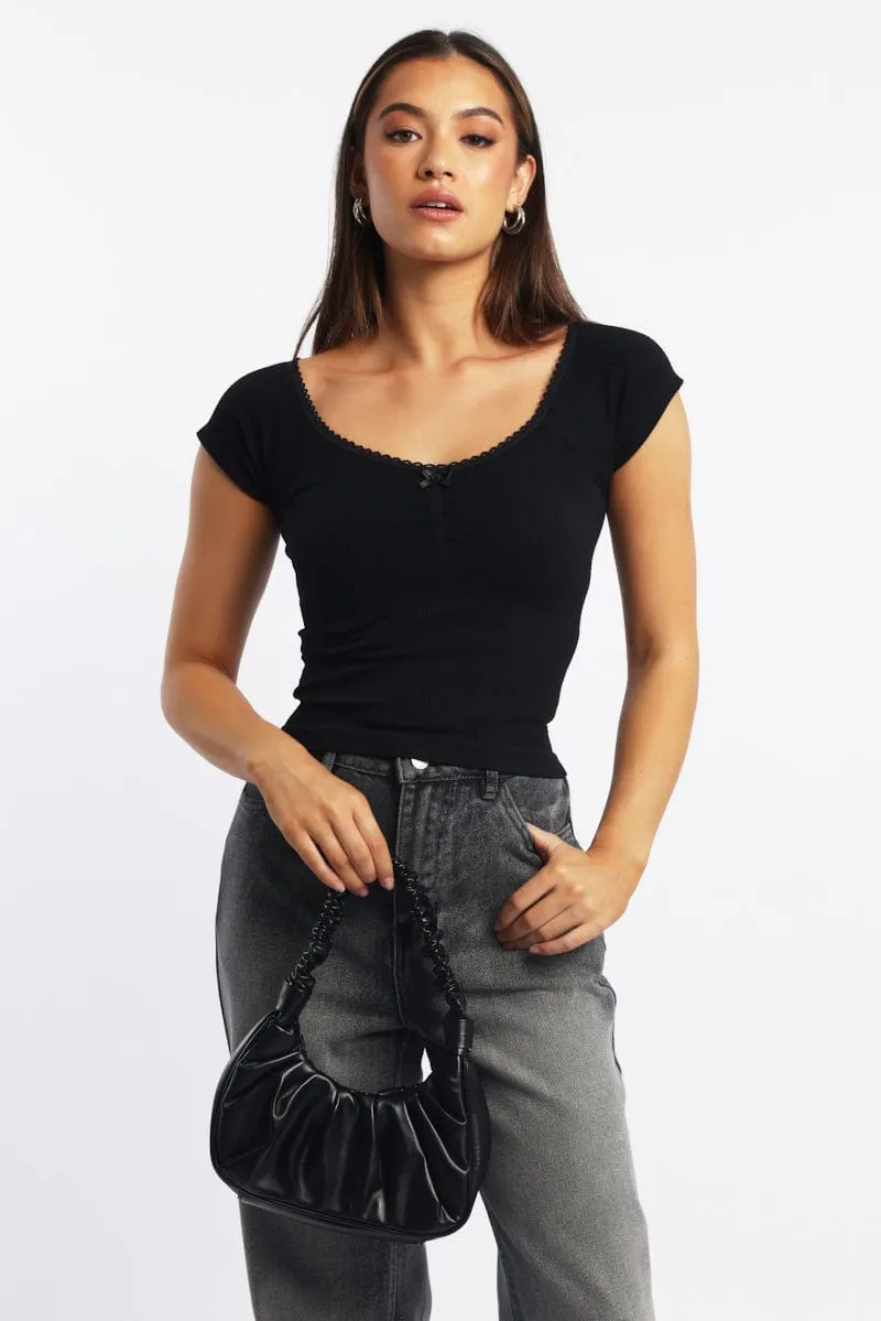 Black Seamless Top Short Sleeve Picot Trim Rib sold by Ally Fashion