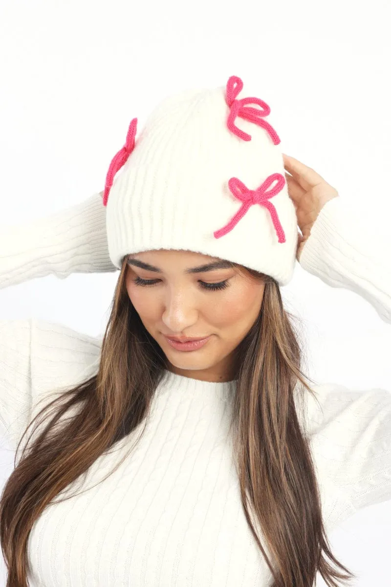White Bow Decor Beanie sold by Ally Fashion