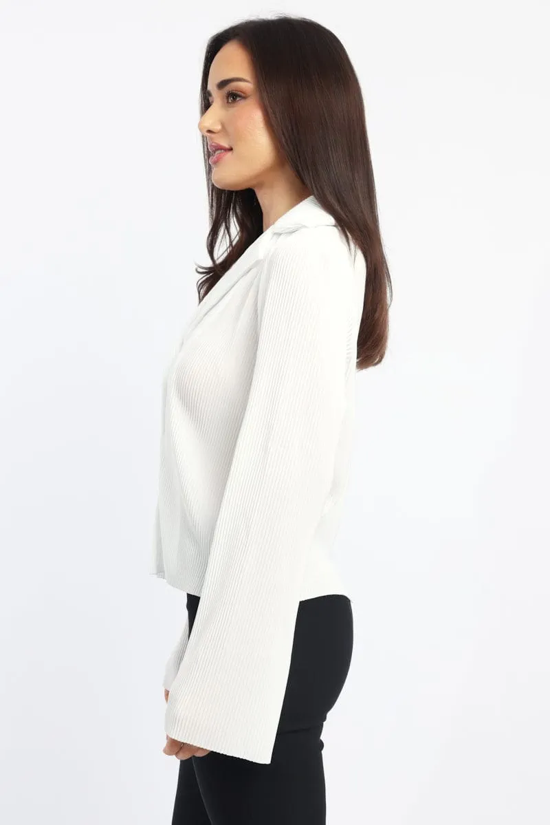 White Plisse Shirt Long Sleeve Lapel Collar Button Up sold by Ally Fashion product image thumbnail 3