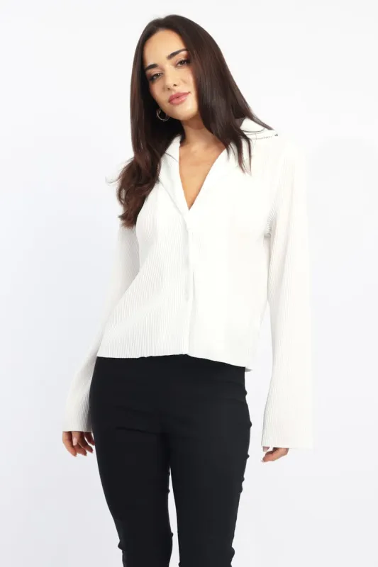 White Plisse Shirt Long Sleeve Lapel Collar Button Up sold by Ally Fashion