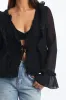 Black Tie Up Top Long Sleeve V Neck Filled sold by Ally Fashion