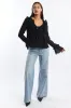 Black Tie Up Top Long Sleeve V Neck Filled sold by Ally Fashion