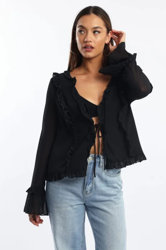 Black Tie Up Top Long Sleeve V Neck Filled sold by Ally Fashion
