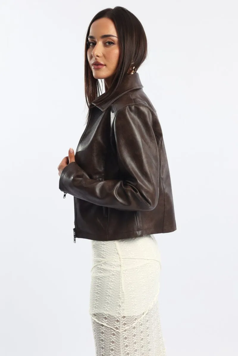 Brown Faux Leather Jacket Long Sleeve sold by Ally Fashion product image thumbnail 3