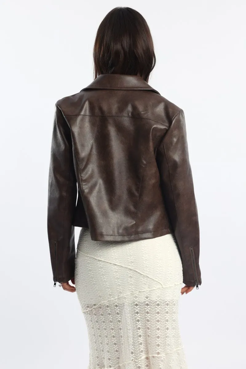 Brown Faux Leather Jacket Long Sleeve sold by Ally Fashion product image thumbnail 4