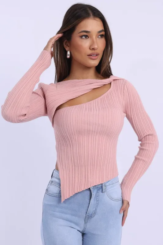 Pink Knit Top Long Sleeve Cut Out sold by Ally Fashion