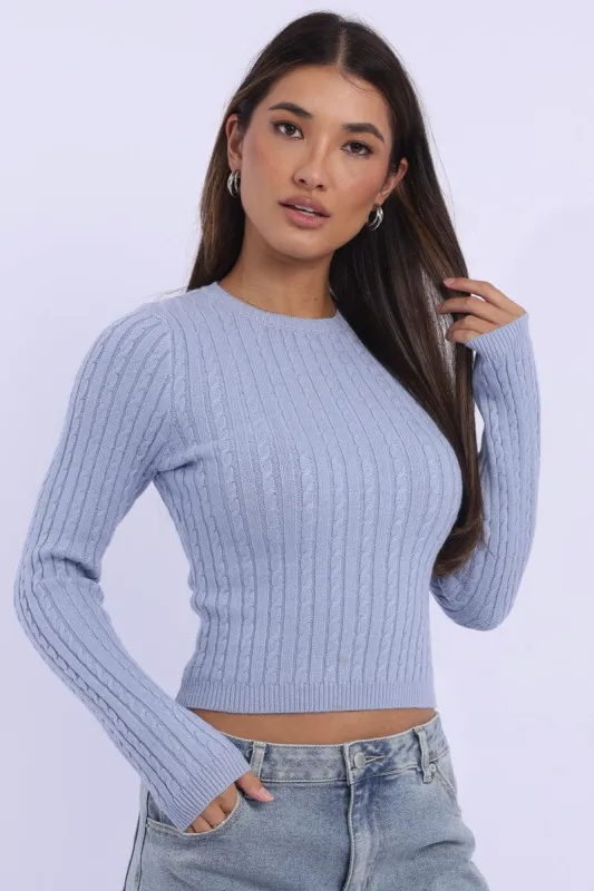 Blue Cable Knit Top Long Sleeve sold by Ally Fashion