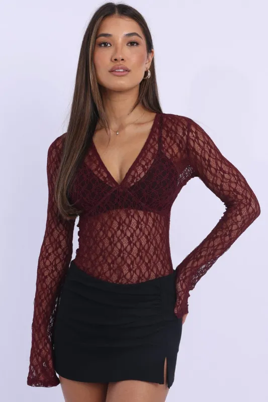Red Lace Top Long Sleeve sold by Ally Fashion