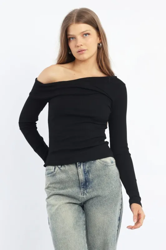 Black One Shoulder Top Long Sleeve sold by Ally Fashion