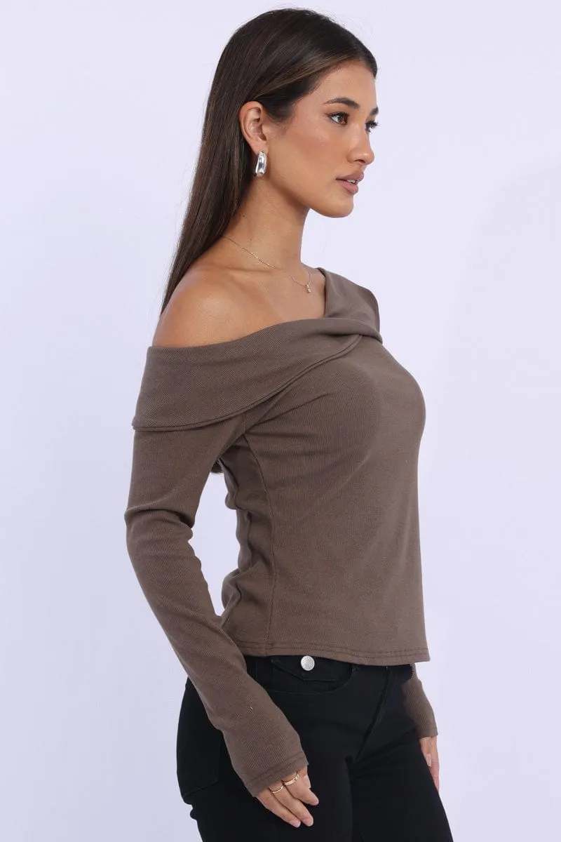Brown One Shoulder Top Long Sleeve sold by Ally Fashion product image thumbnail 4
