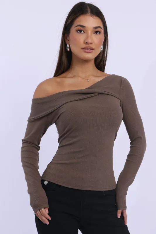 Brown One Shoulder Top Long Sleeve sold by Ally Fashion