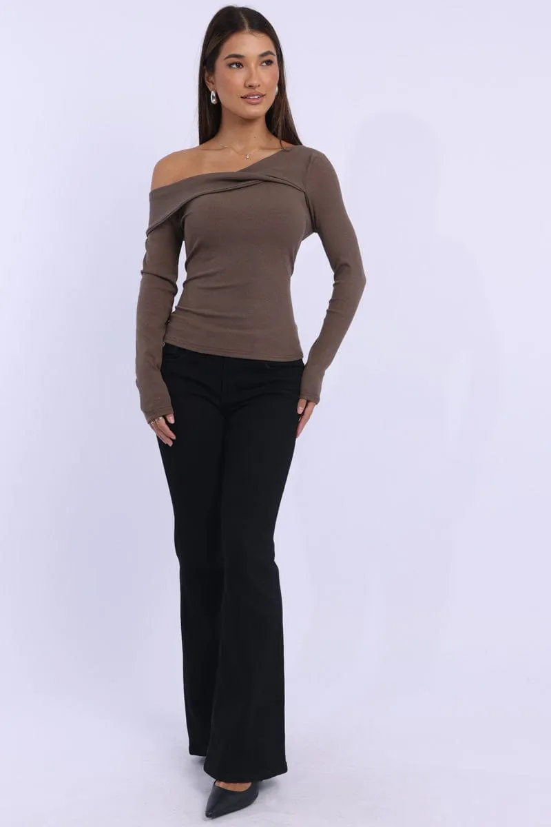 Brown One Shoulder Top Long Sleeve sold by Ally Fashion product image thumbnail 2