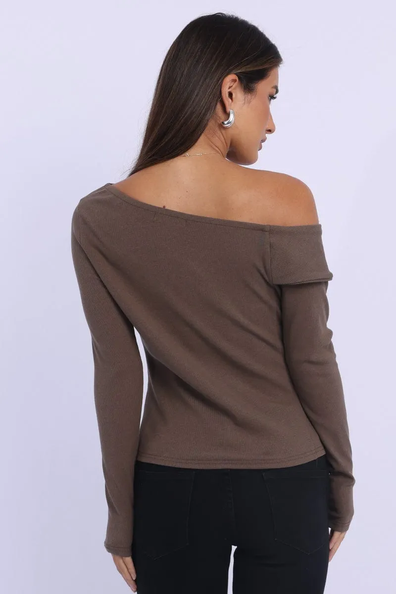 Brown One Shoulder Top Long Sleeve sold by Ally Fashion product image thumbnail 3