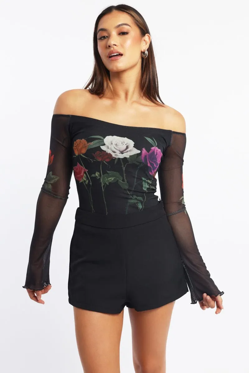 Black Floral Off Shoulder Top Mesh sold by Ally Fashion