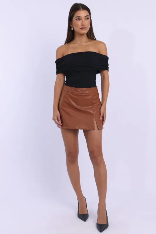 Beige PU Skort Skirt Mid Rise Mini Slight Stretch sold by Ally Fashion