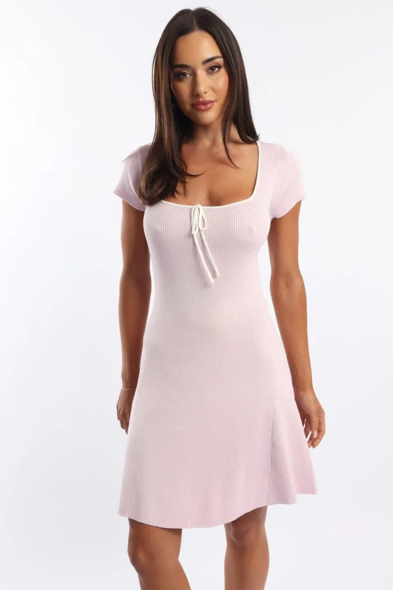 Pink Knit Dress Fit And Flare Short Sleeve sold by Ally Fashion product image thumbnail 2