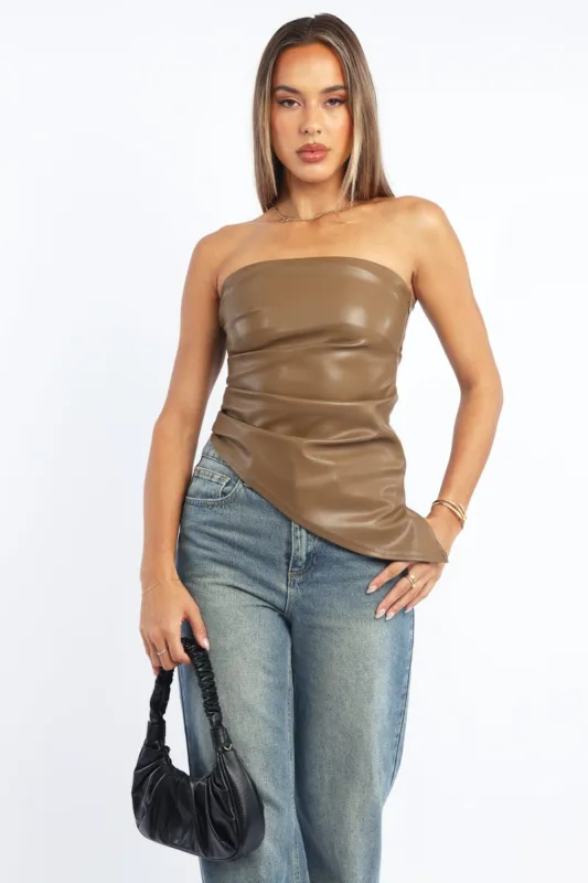 Beige PU Bandeau Top Gathered Slight Stretch sold by Ally Fashion