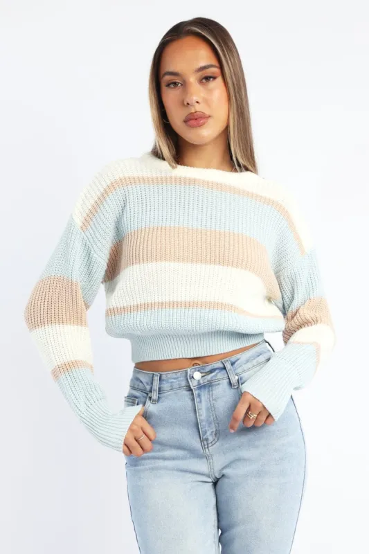 Beige Stripe Knit Top Long Sleeve Color Block sold by Ally Fashion
