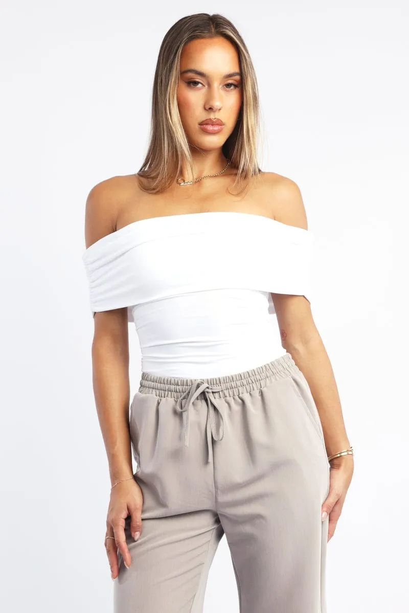 White Off Shoulder Bodysuit Supersoft sold by Ally Fashion