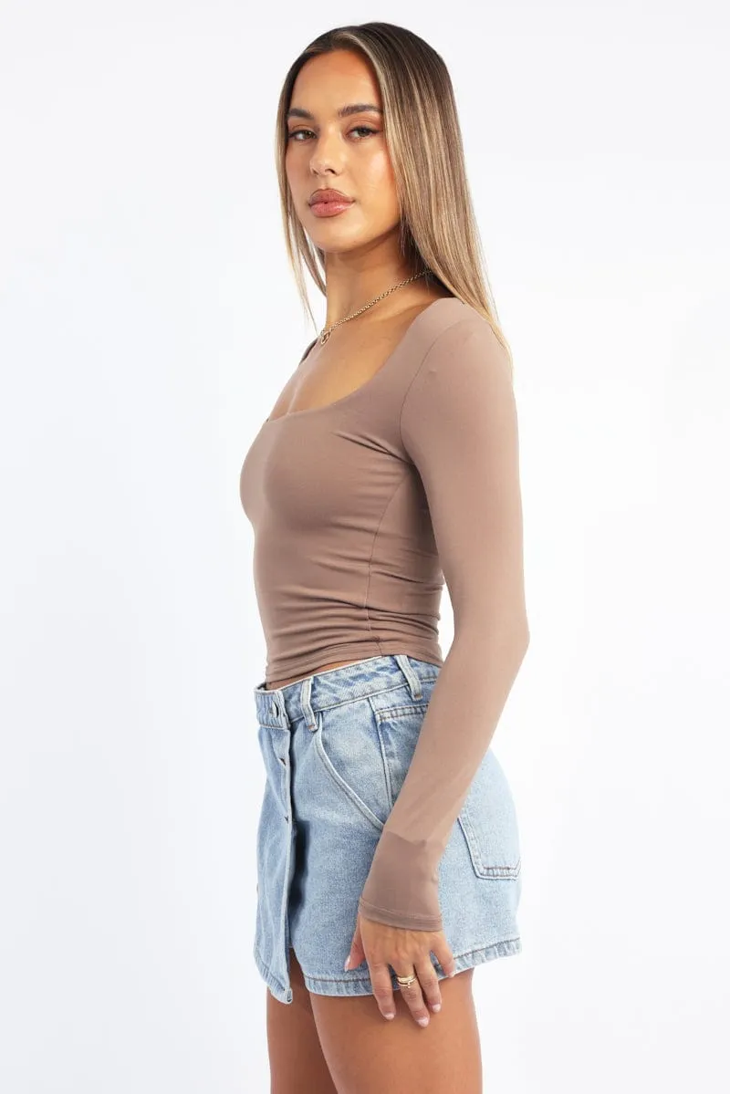 Brown Supersoft Top Square Neck Long Sleeve sold by Ally Fashion product image thumbnail 3