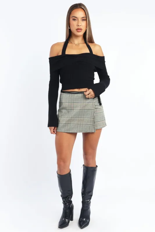 Black Check Mini Skort Faux Leather Skirt sold by Ally Fashion