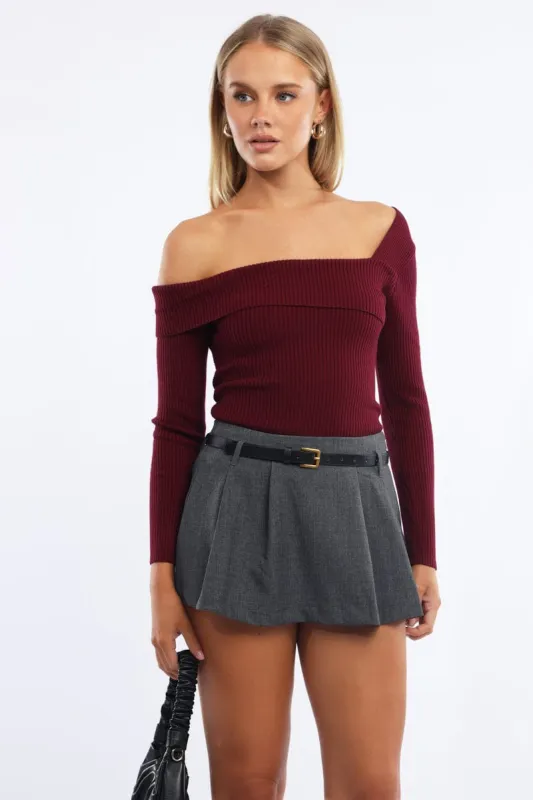 Red One Shoulder Knit Top Long Sleeve sold by Ally Fashion