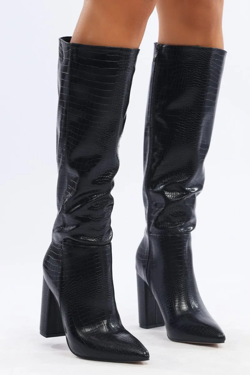 Black Knee High Boots In Croc sold by Ally Fashion