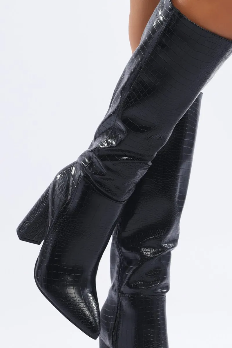 Black Knee High Boots In Croc sold by Ally Fashion product image thumbnail 2