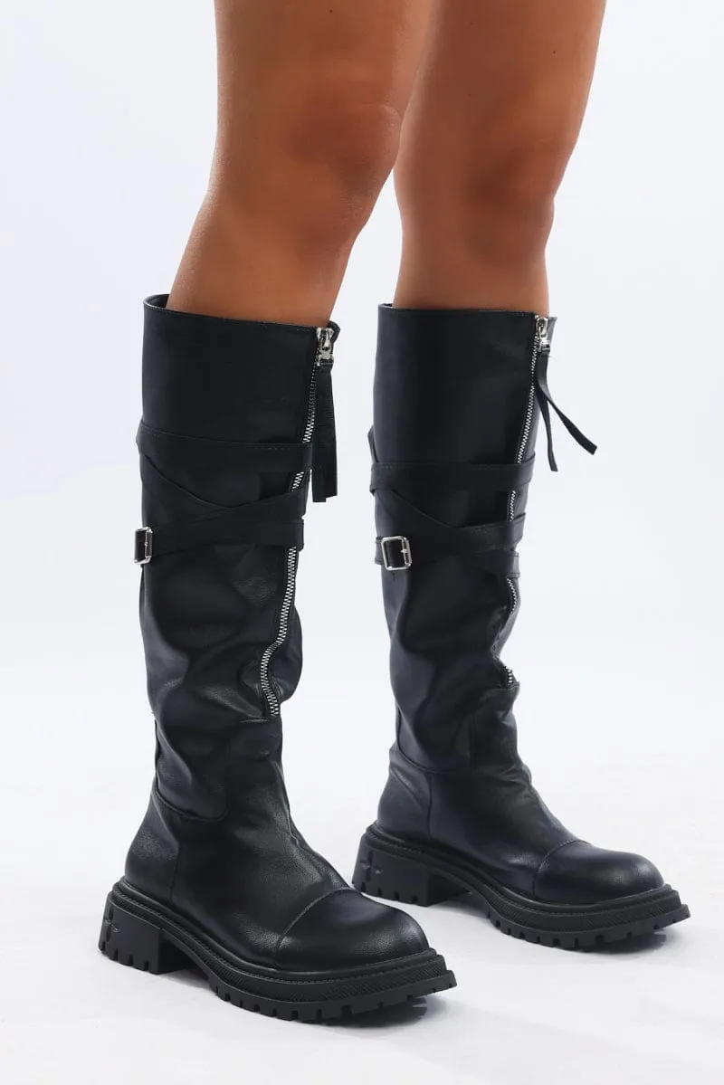 Black Strappy Knee High Boots sold by Ally Fashion