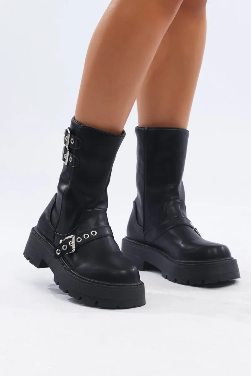 Black Buckle Detail Biker Boots sold by Ally Fashion