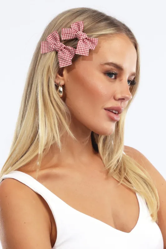 Red Check 2 Pack Bow Hair Clips made by Ally Fashion