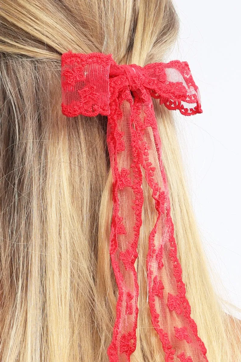 Red Lace Bow Hair Clip sold by Ally Fashion product image thumbnail 2