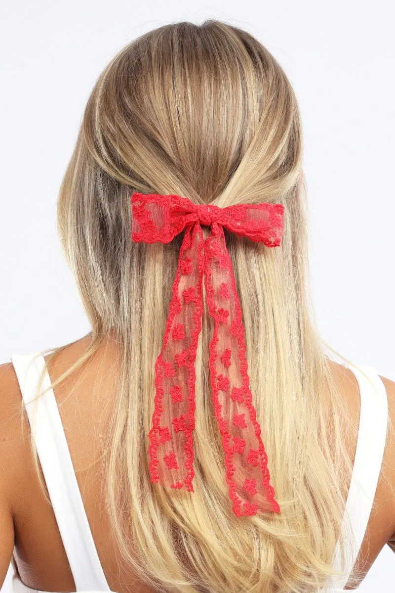 Red Lace Bow Hair Clip sold by Ally Fashion