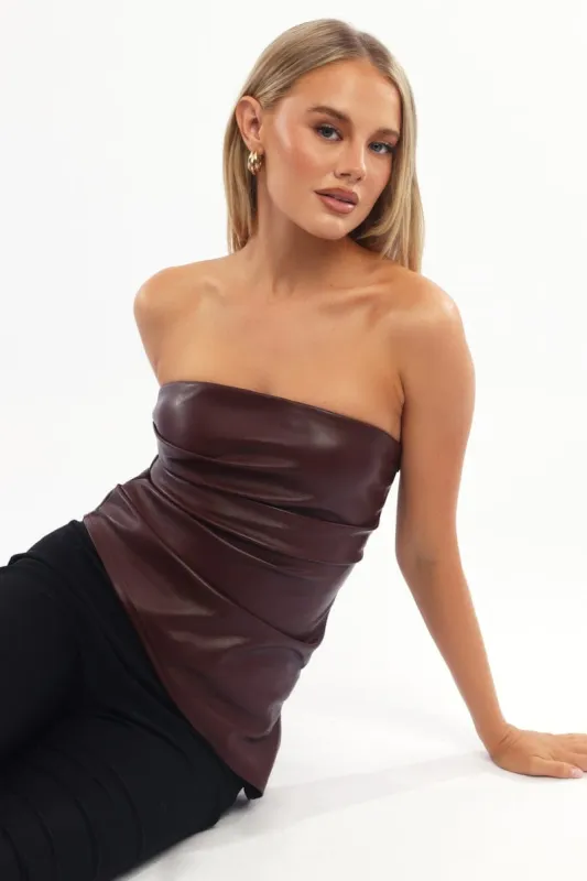 Red PU Bandeau Top Gathered Slight Stretch sold by Ally Fashion