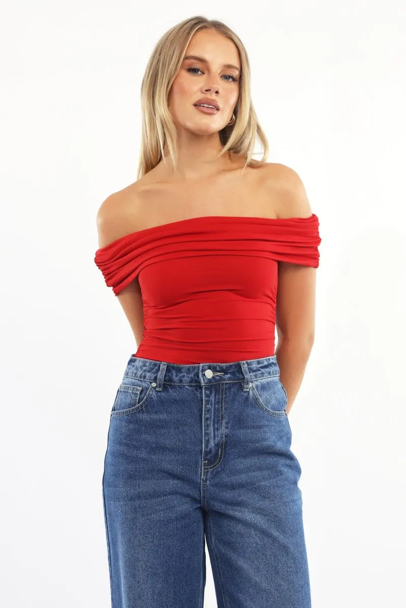 Red Off Shoulder Bodysuit Supersoft sold by Ally Fashion
