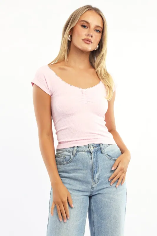 Pink Seamless Top Short Sleeve Picot Trim Rib sold by Ally Fashion