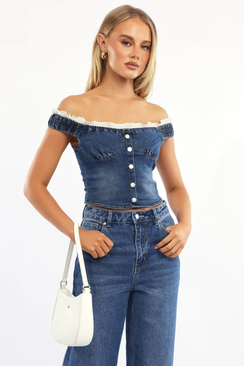Denim Off Shoulder Top Shirred Back Button Details sold by Ally Fashion