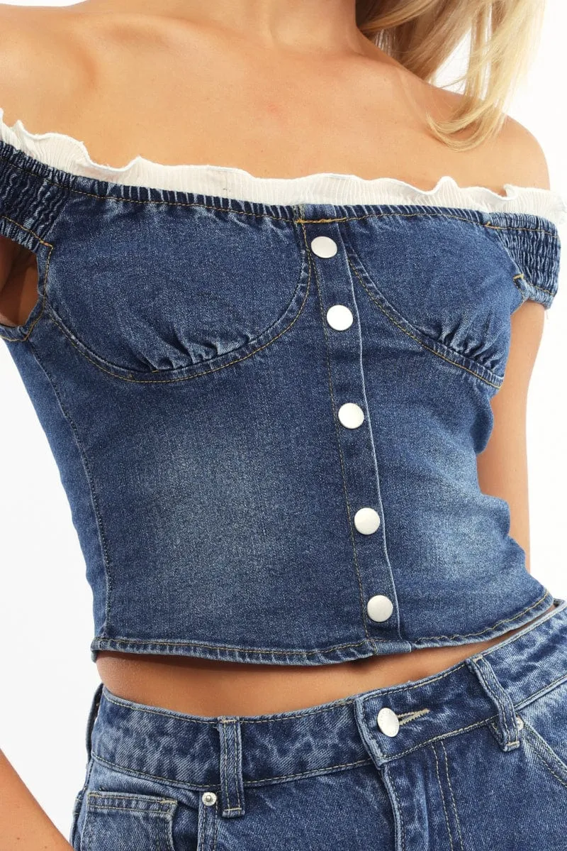 Denim Off Shoulder Top Shirred Back Button Details sold by Ally Fashion product image thumbnail 5