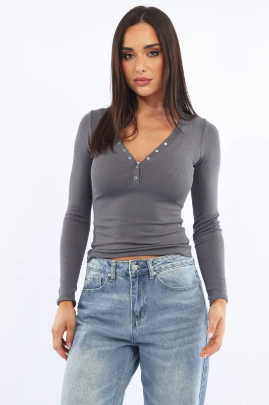 Grey Henley Top Long Sleeve sold by Ally Fashion